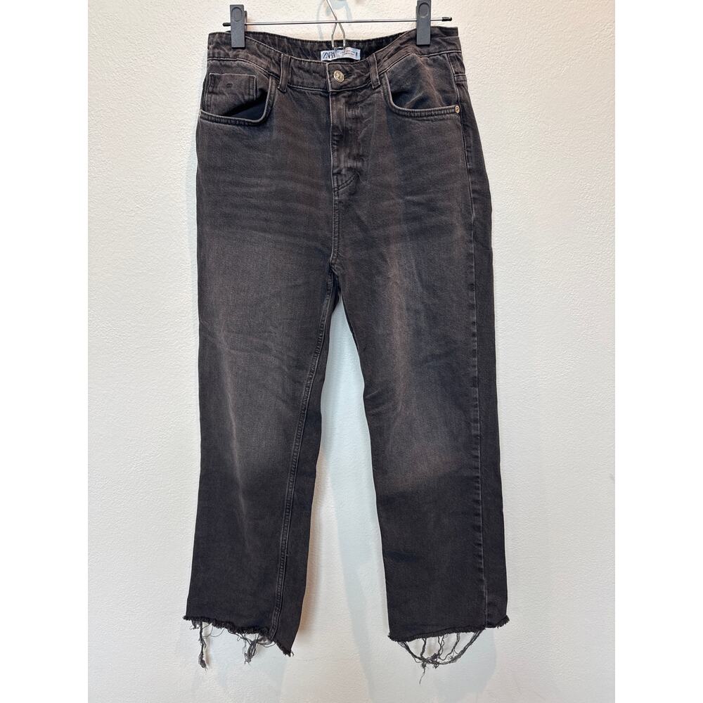 ZARA Womens Size 8 Washed Black High Rise Wide Leg Raw Frayed Hem Jeans Denim